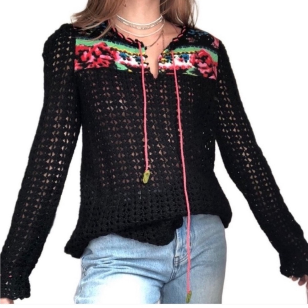 Free People Black Crochet Sweater with Multicolor Floral Yoke